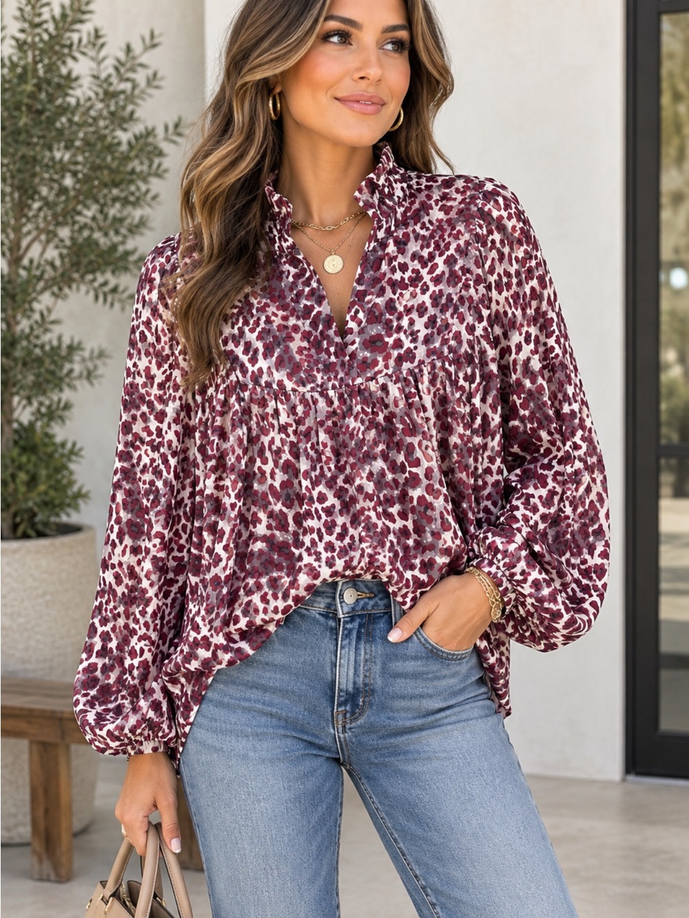 Womens Burgundy Leopard Print Ruffle Neck Blouse